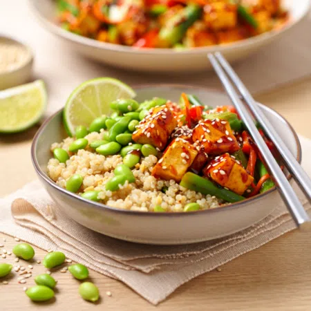 Bowl z komosą ryżową, edamame i warzywami z tofu