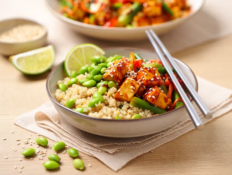 Bowl z komosą ryżową, edamame i warzywami z tofu