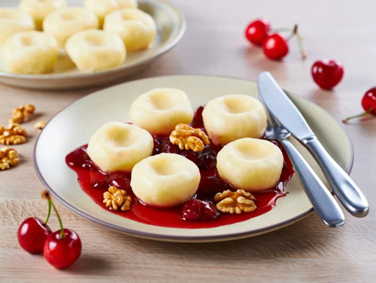 Kluski śląskie z czereśniowym demi-glace i orzechami włoskimi