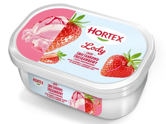 Lody Hortex o smaku śmietankowo-truskawkowym z sosem truskawkowym